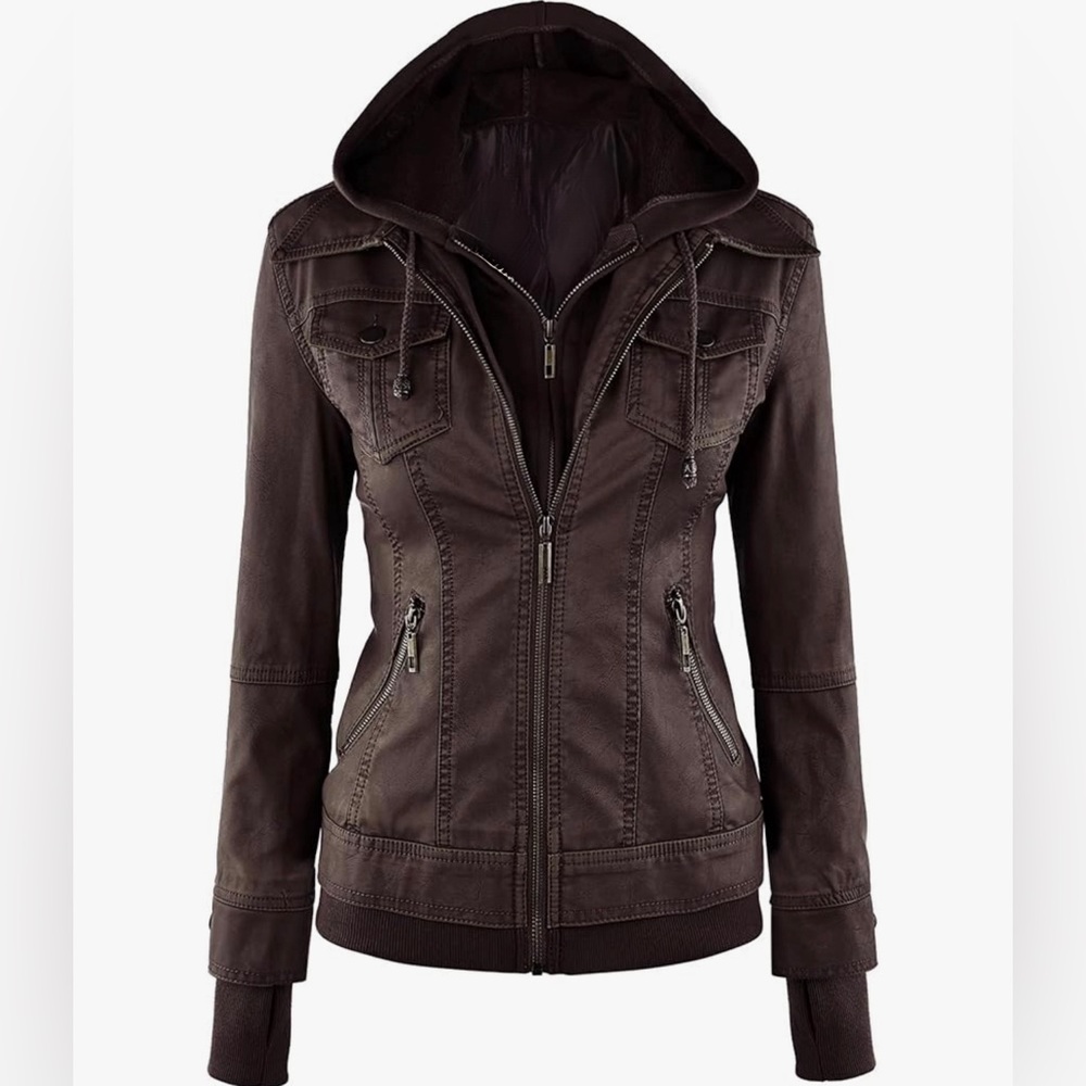 Faux Leather Jacket Women Motorcycle Coat for Biker with Removable Hood -ashbrwn
